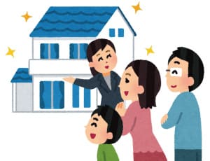 新築の家を案内する人と家族のイラスト